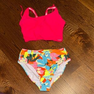 Vibrant Pink Bikini Top and Colorful High-Waisted Bottoms